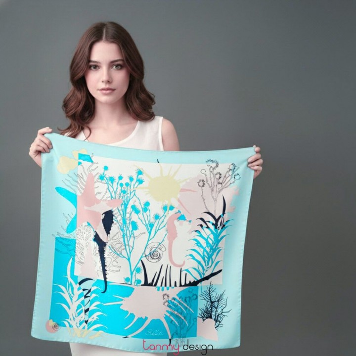 Khăn lụa vuông Aqua Fantaisie - Thủy Cung sắc màu Blue 90x90cm